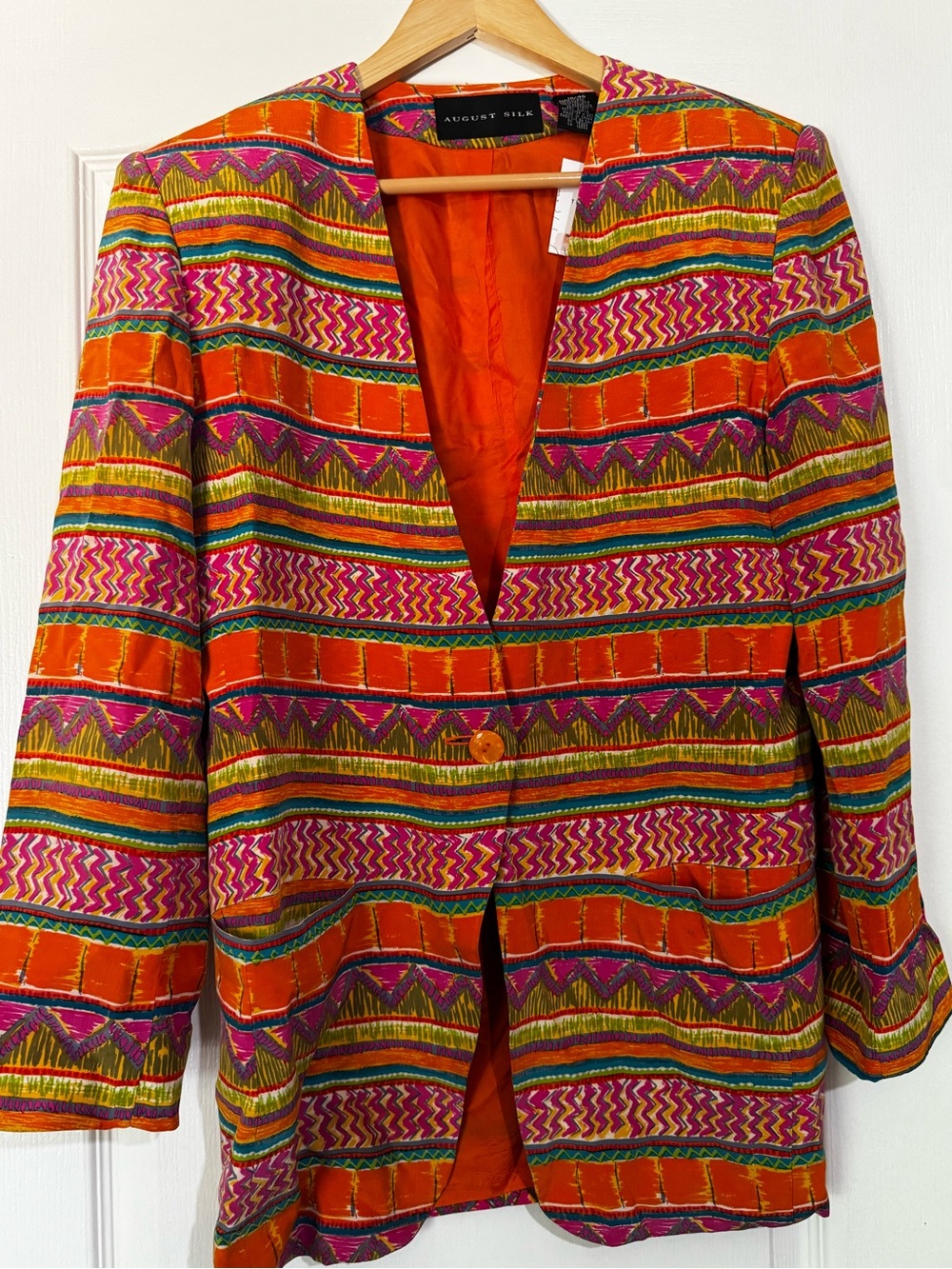 Vtg 90s August Silk Women's Multic Blazer Medium Geometrical Multicolor Retro